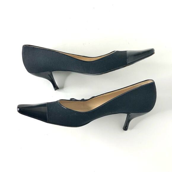 Chanel Retro Vintage Lagerfeld CC Bow Kitten Heel Pointed Toe Cap Toe Pumps 38 - Picture 6 of 11